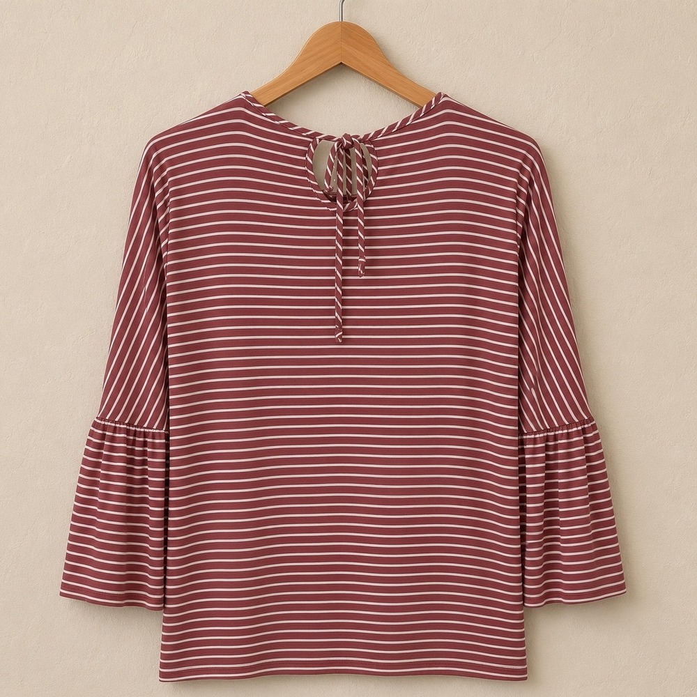 LC Lauren Conrad Striped Bell Sleeve Top Mauve Pink Boho Keyhole Ruffle Shirt S - Picture 2 of 7
